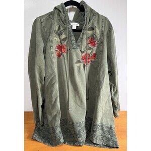 Coldwater Creek Floral Embroidered Hoodie Olive Green Plus 3x Boho Mosscorp